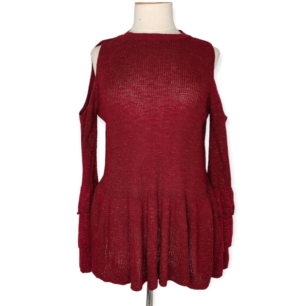 Express Red Peek A Boo Shoulder Peplum Sweater L Bell Ruffle Sleeve High Neck